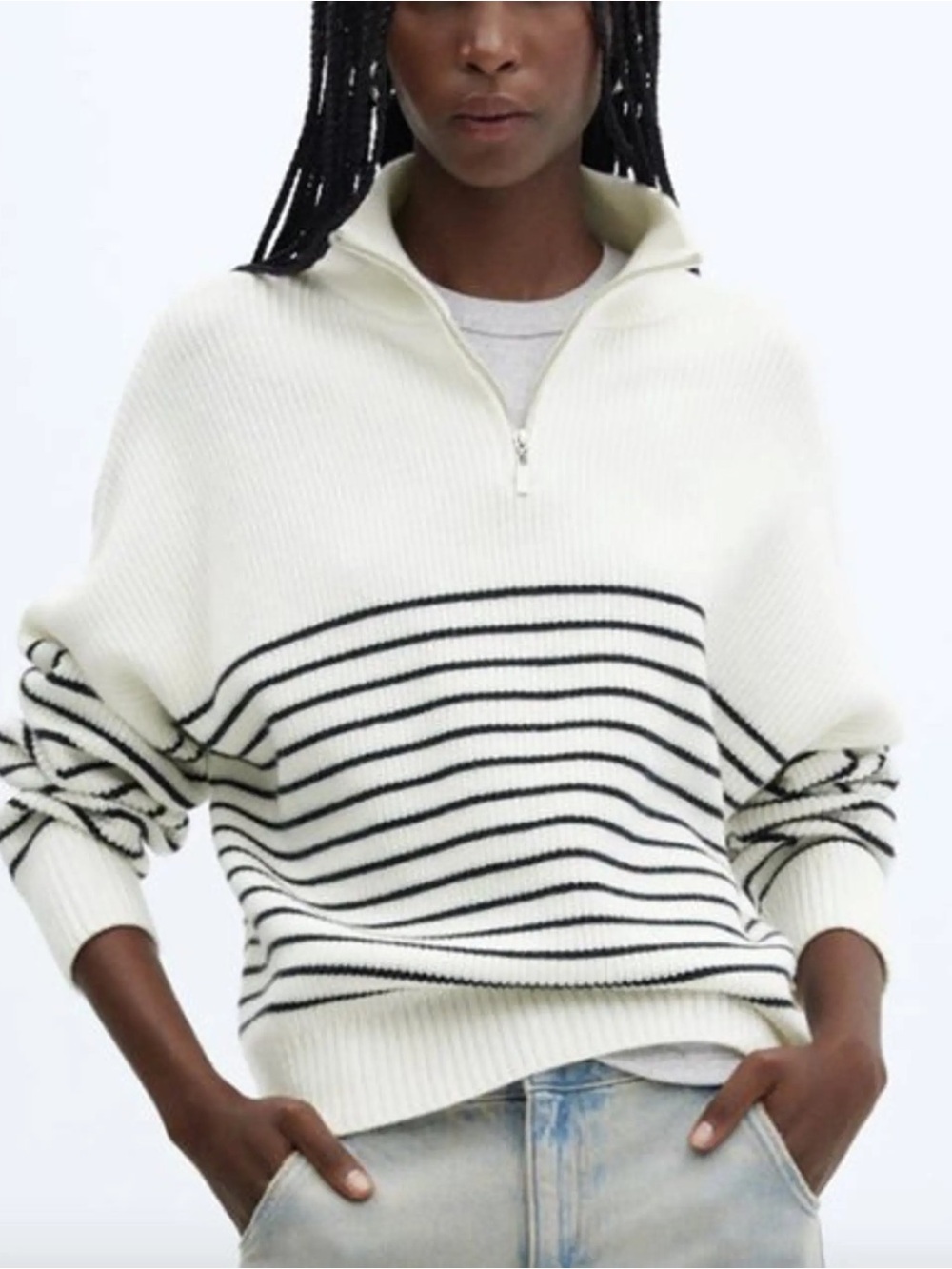 MANGO MNG Striped Half-Zip Knit Sweater - Cream/Black